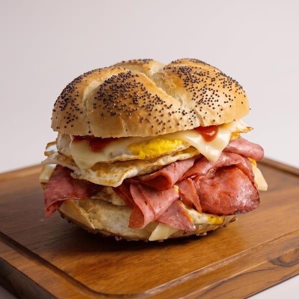 Hearty sandwich on poppy seed bun with deli meat, fried eggs, and melted cheese on a wooden board.